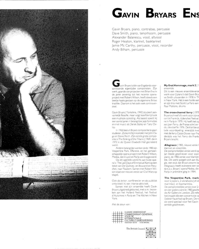 Announcement Gavin Bryars Ensemble in the brochure of the OFF OFF festival 1986, archives UGent
